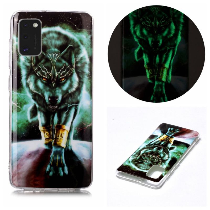 Hoesje voor Samsung Galaxy A41 Donkerblauw Zwart Serie Fluorescerende Wolven