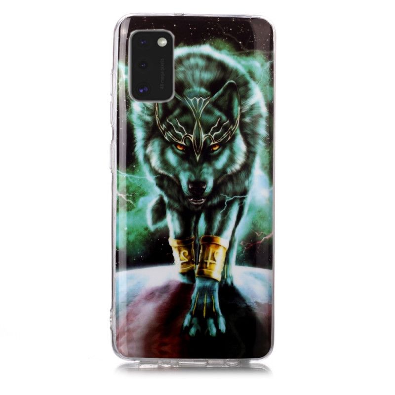 Hoesje voor Samsung Galaxy A41 Donkerblauw Zwart Serie Fluorescerende Wolven