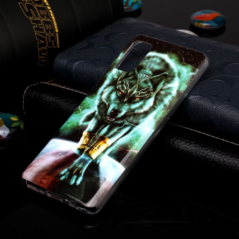 Hoesje voor Samsung Galaxy A41 Donkerblauw Zwart Serie Fluorescerende Wolven