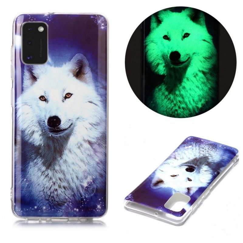 Hoesje voor Samsung Galaxy A41 Donkerblauw Zwart Serie Fluorescerende Wolven