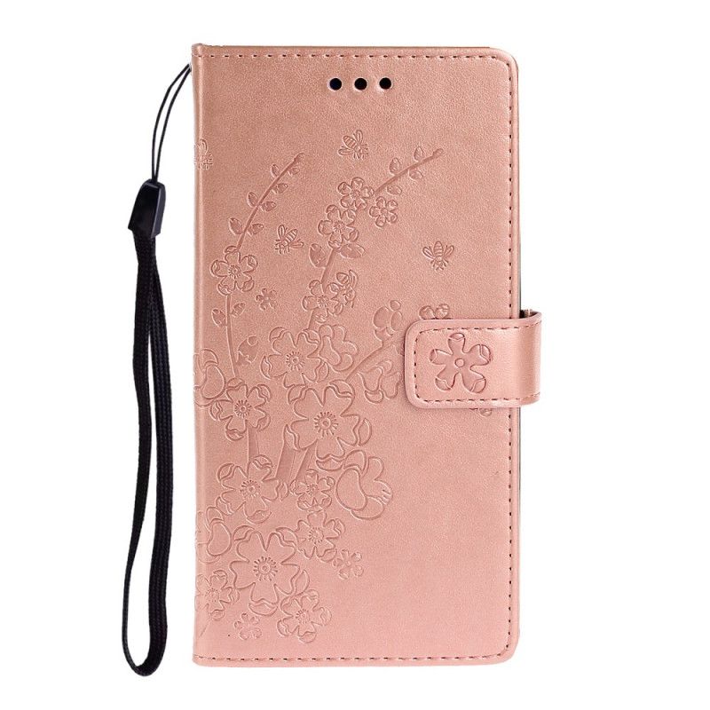 Leren Hoesje Samsung Galaxy A41 Bruin Paars Bloemenprint Met String