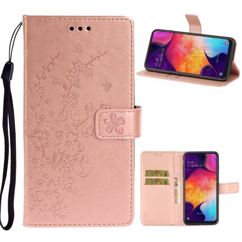 Leren Hoesje Samsung Galaxy A41 Bruin Paars Bloemenprint Met String