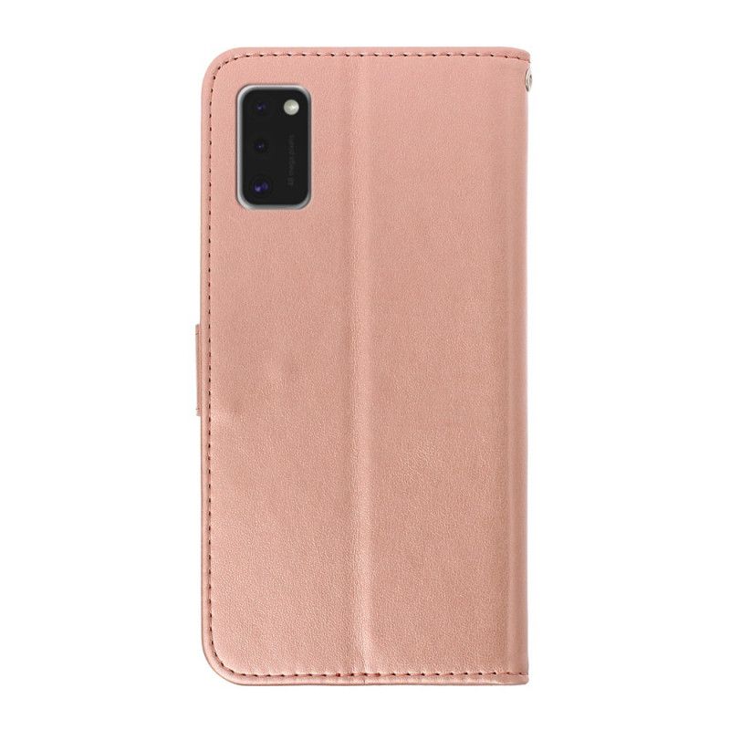 Leren Hoesje Samsung Galaxy A41 Bruin Paars Bloemenprint Met String