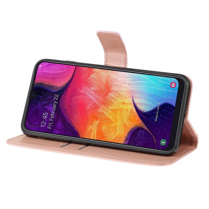 Leren Hoesje Samsung Galaxy A41 Bruin Paars Bloemenprint Met String