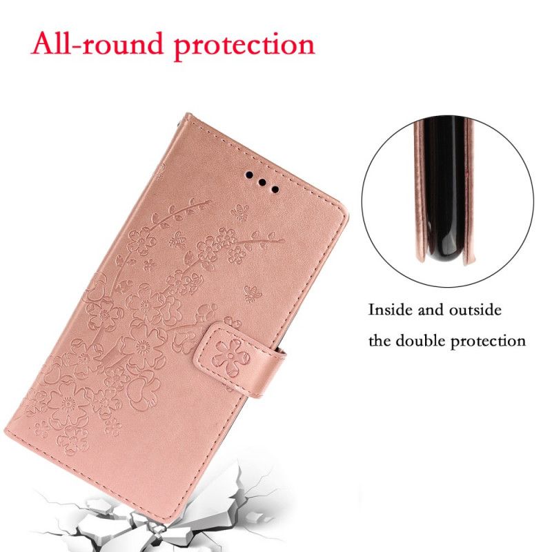 Leren Hoesje Samsung Galaxy A41 Bruin Paars Bloemenprint Met String