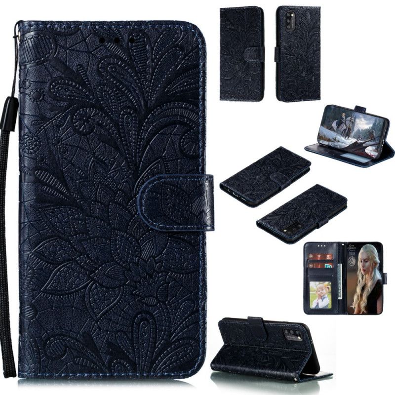 Leren Hoesje Samsung Galaxy A41 Cyaan Grijs Tribal String Bloemen