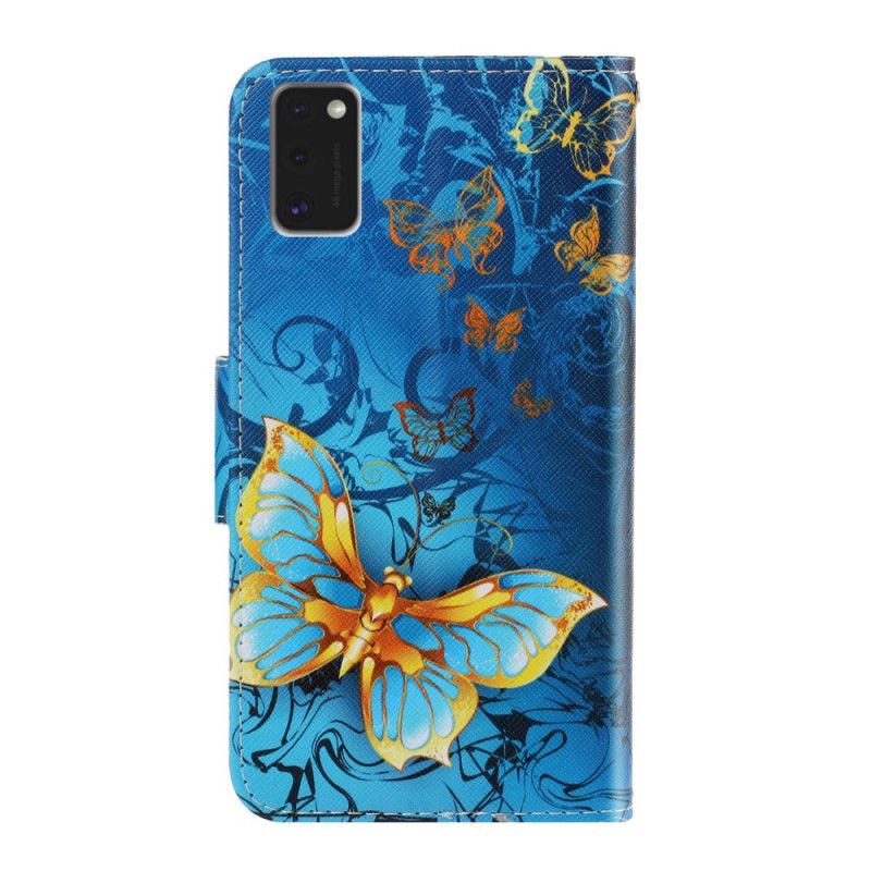 Leren Hoesje Samsung Galaxy A41 Donkerblauw Zwart Vlindervariaties Met String