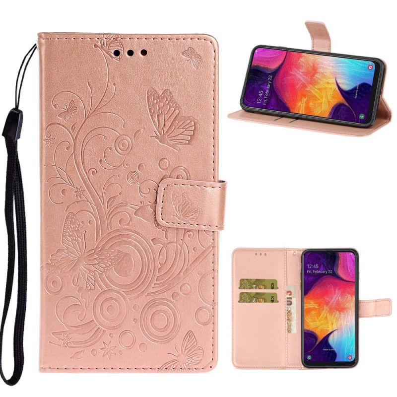 Leren Hoesje Samsung Galaxy A41 Paars Magenta Retro Vlinders En Bloemen