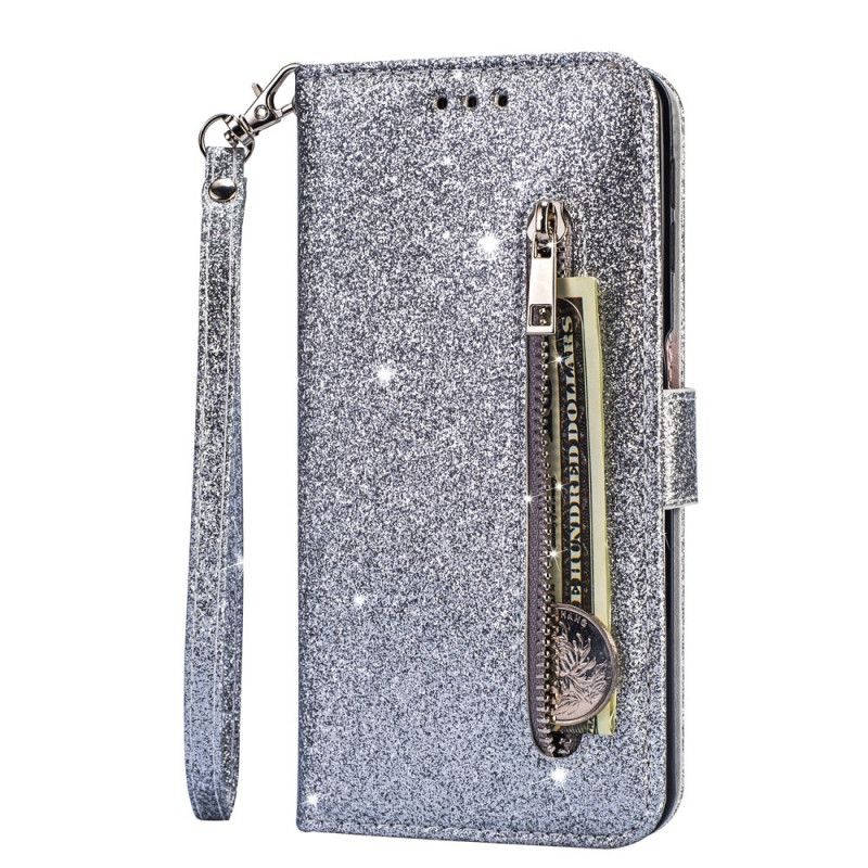 Leren Hoesje Samsung Galaxy A41 Paars Zwart Portemonnee Met Glitter