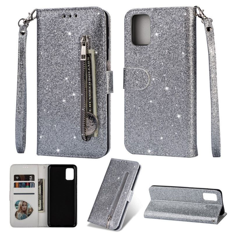 Leren Hoesje Samsung Galaxy A41 Paars Zwart Portemonnee Met Glitter