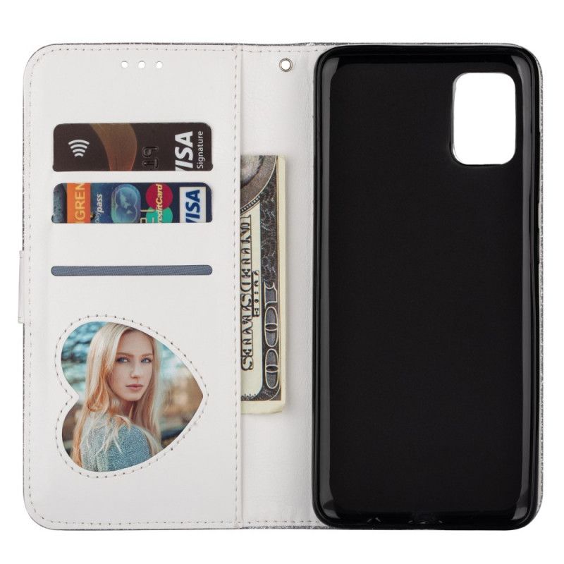 Leren Hoesje Samsung Galaxy A41 Paars Zwart Portemonnee Met Glitter