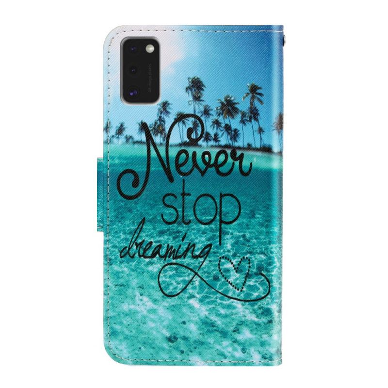 Leren Hoesje Samsung Galaxy A41 Stop Nooit Met Dromen Marine Met String