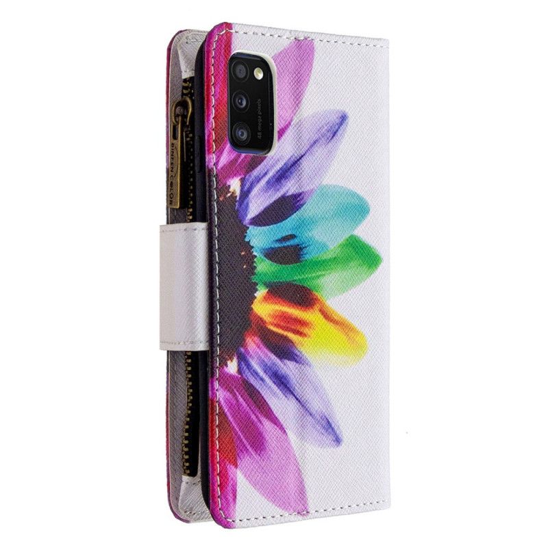 Leren Hoesje Samsung Galaxy A41 Wit Zwart Bloemenzak Met Ritssluiting