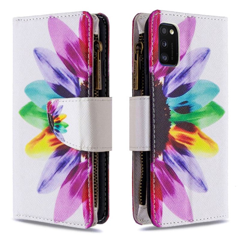 Leren Hoesje Samsung Galaxy A41 Wit Zwart Bloemenzak Met Ritssluiting