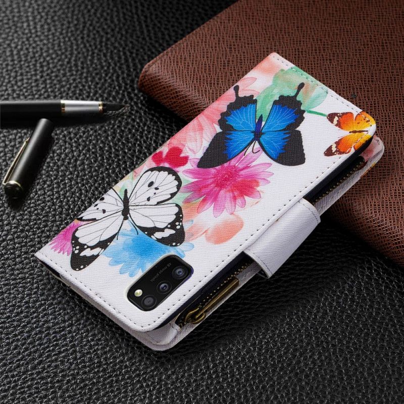 Leren Hoesje Samsung Galaxy A41 Wit Zwart Vlinderzak Met Ritssluiting