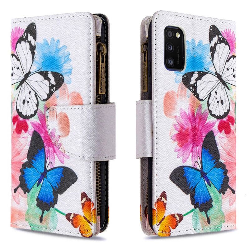 Leren Hoesje Samsung Galaxy A41 Wit Zwart Vlinderzak Met Ritssluiting