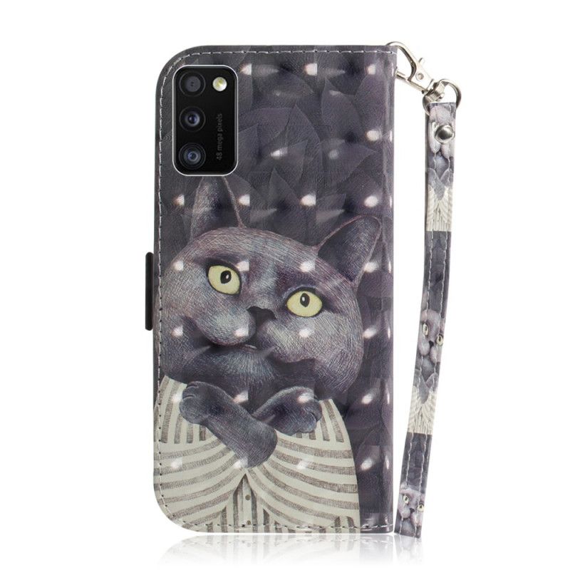Leren Hoesje voor Samsung Galaxy A41 Grijze Kat Met String