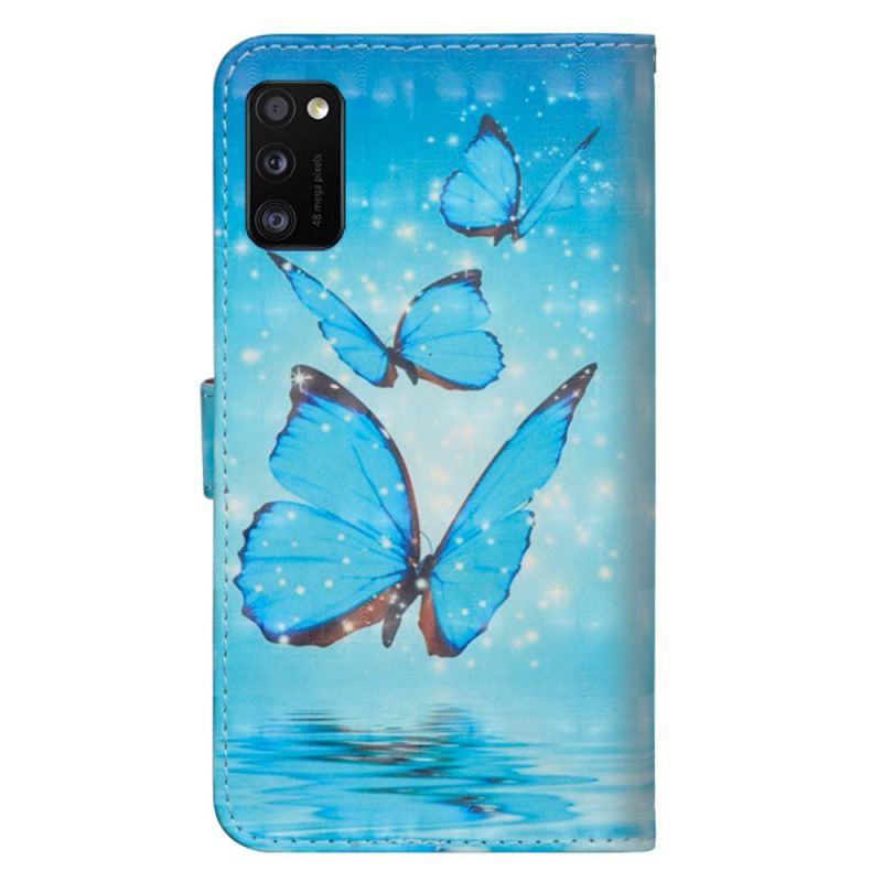 Leren Hoesje voor Samsung Galaxy A41 Vliegende Blauwe Vlinders