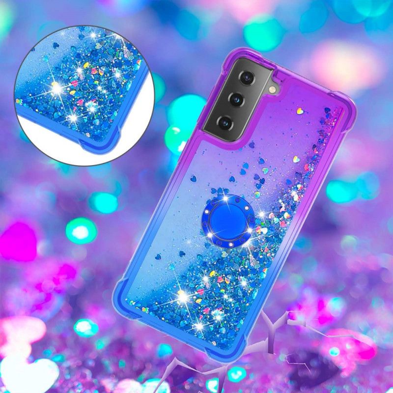 Cover Hoesje Samsung Galaxy S21 5G Lichtblauw Magenta Telefoonhoesje Pailletten Met Ringhouder