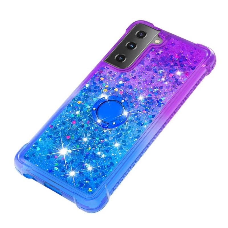 Cover Hoesje Samsung Galaxy S21 5G Lichtblauw Magenta Telefoonhoesje Pailletten Met Ringhouder