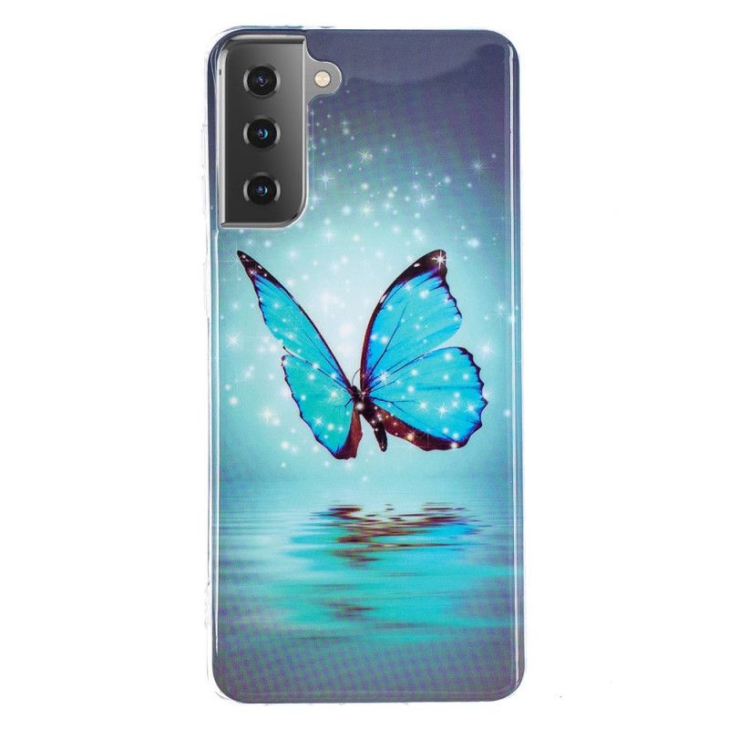 Cover Hoesje Samsung Galaxy S21 5G Telefoonhoesje Fluorescerende Blauwe Vlinder