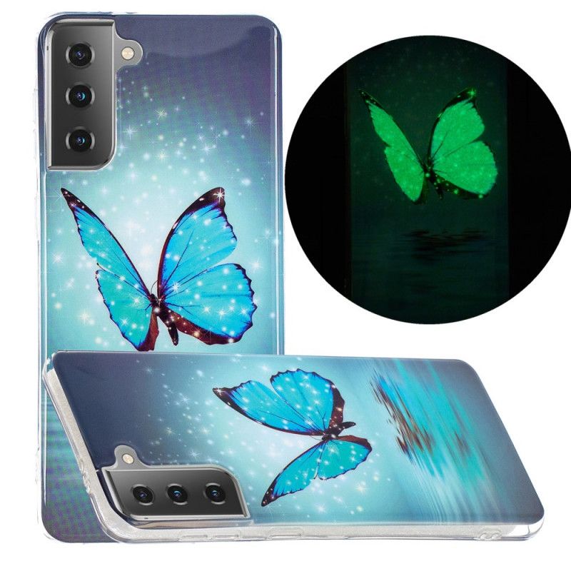 Cover Hoesje Samsung Galaxy S21 5G Telefoonhoesje Fluorescerende Blauwe Vlinder