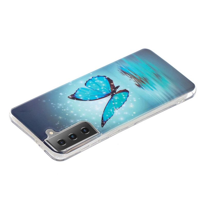Cover Hoesje Samsung Galaxy S21 5G Telefoonhoesje Fluorescerende Blauwe Vlinder