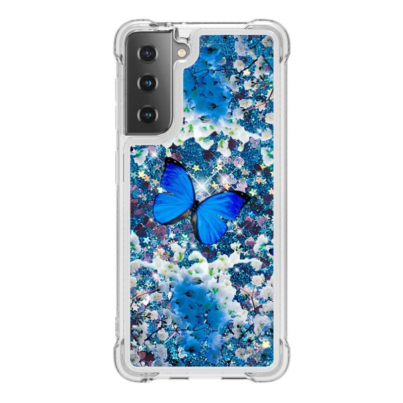 Hoesje Samsung Galaxy S21 5G Blauwe Glittervlinders