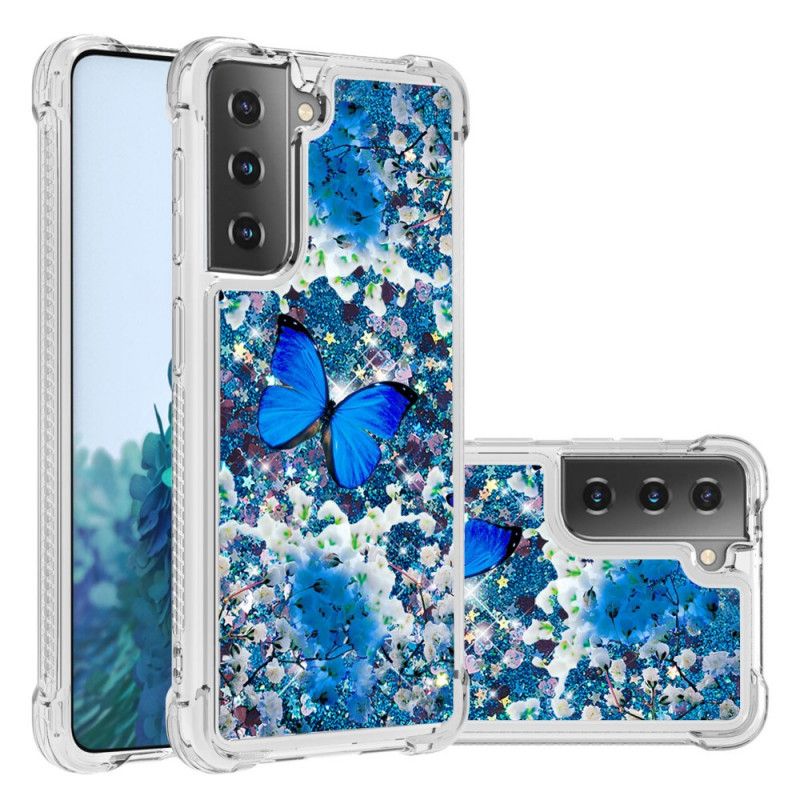 Hoesje Samsung Galaxy S21 5G Blauwe Glittervlinders