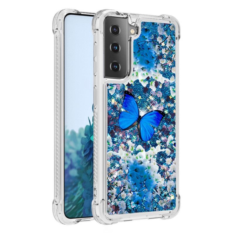 Hoesje Samsung Galaxy S21 5G Blauwe Glittervlinders