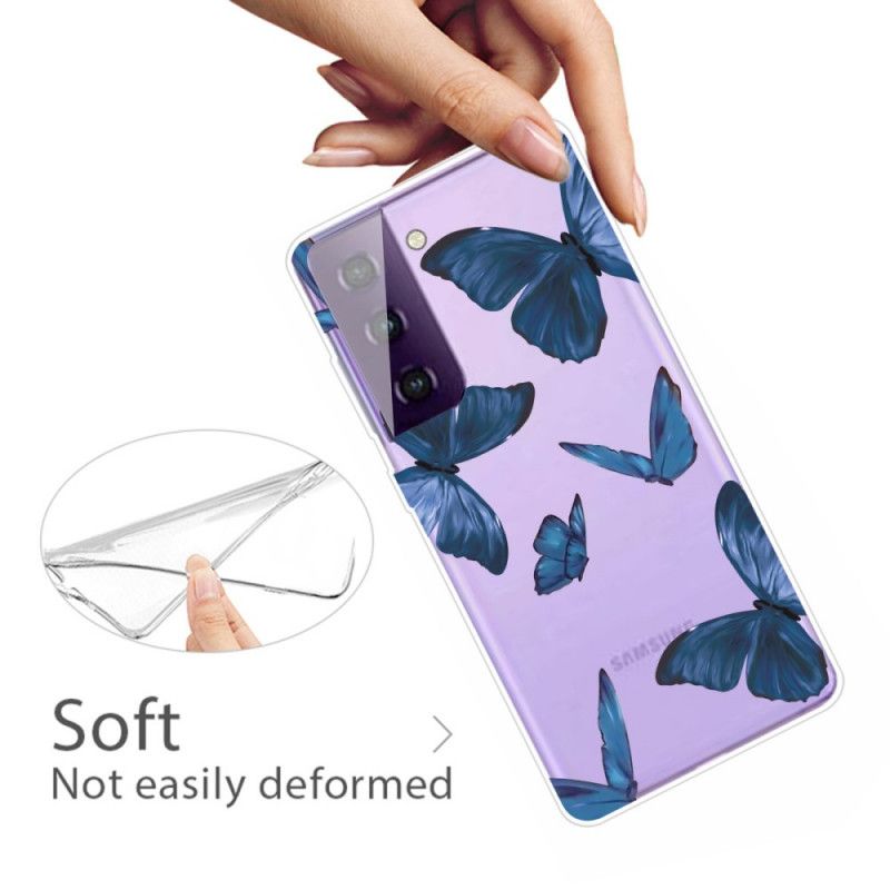 Hoesje Samsung Galaxy S21 5G Donkerblauw Roze Wilde Vlinders