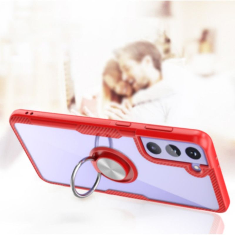 Hoesje Samsung Galaxy S21 5G Rood Zwart Metalen Ring Van Koolstofvezel