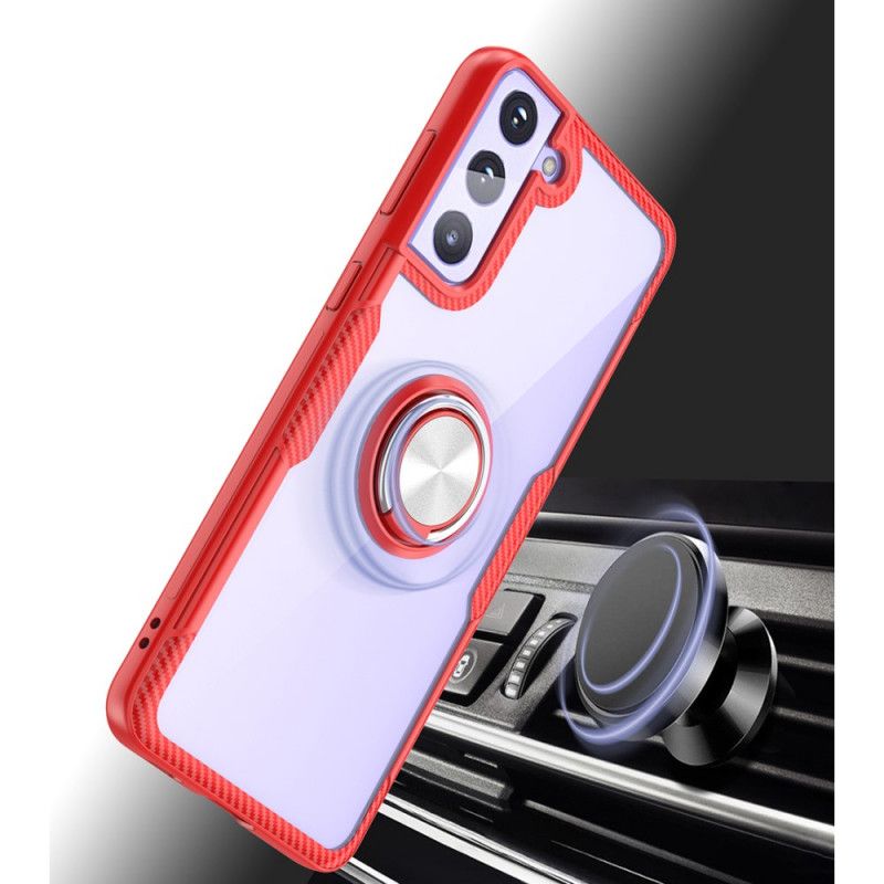 Hoesje Samsung Galaxy S21 5G Rood Zwart Metalen Ring Van Koolstofvezel