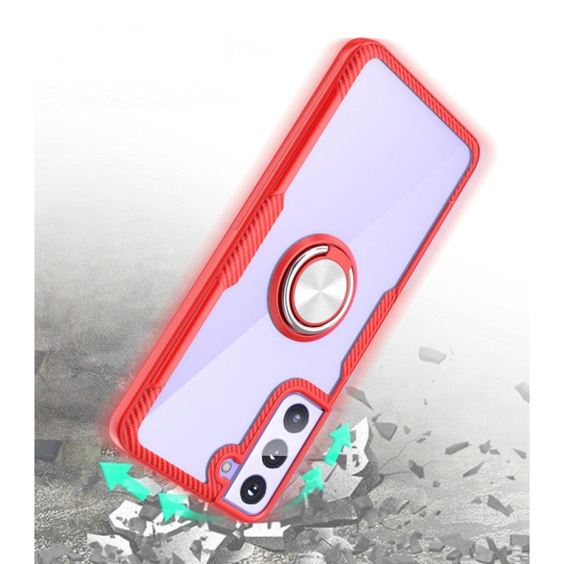 Hoesje Samsung Galaxy S21 5G Rood Zwart Metalen Ring Van Koolstofvezel