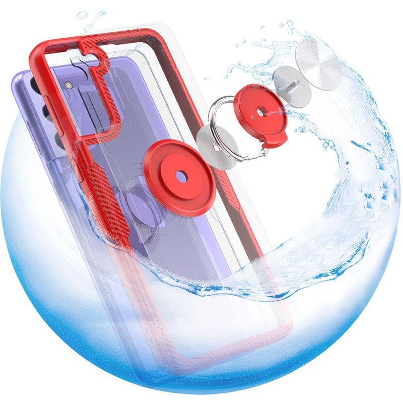 Hoesje Samsung Galaxy S21 5G Rood Zwart Metalen Ring Van Koolstofvezel