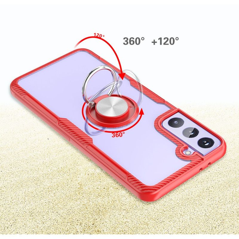 Hoesje Samsung Galaxy S21 5G Rood Zwart Metalen Ring Van Koolstofvezel