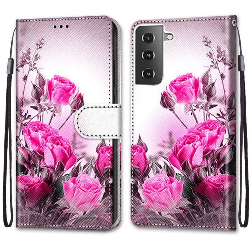 Leren Hoesje Samsung Galaxy S21 5G Goud Magenta Magische Bloemen