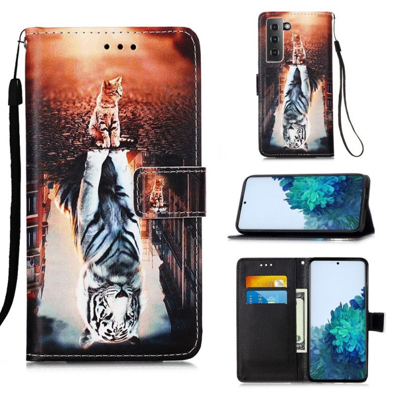 Leren Hoesje Samsung Galaxy S21 5G Lichtblauw Donkerblauw Telefoonhoesje Kitten