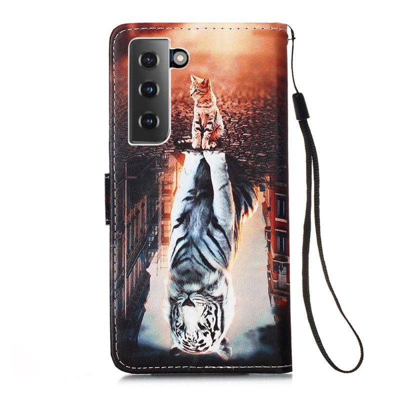 Leren Hoesje Samsung Galaxy S21 5G Lichtblauw Donkerblauw Telefoonhoesje Kitten