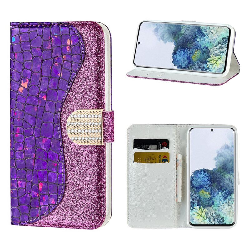 Leren Hoesje Samsung Galaxy S21 5G Lichtblauw Groen Krokodil Diamanten