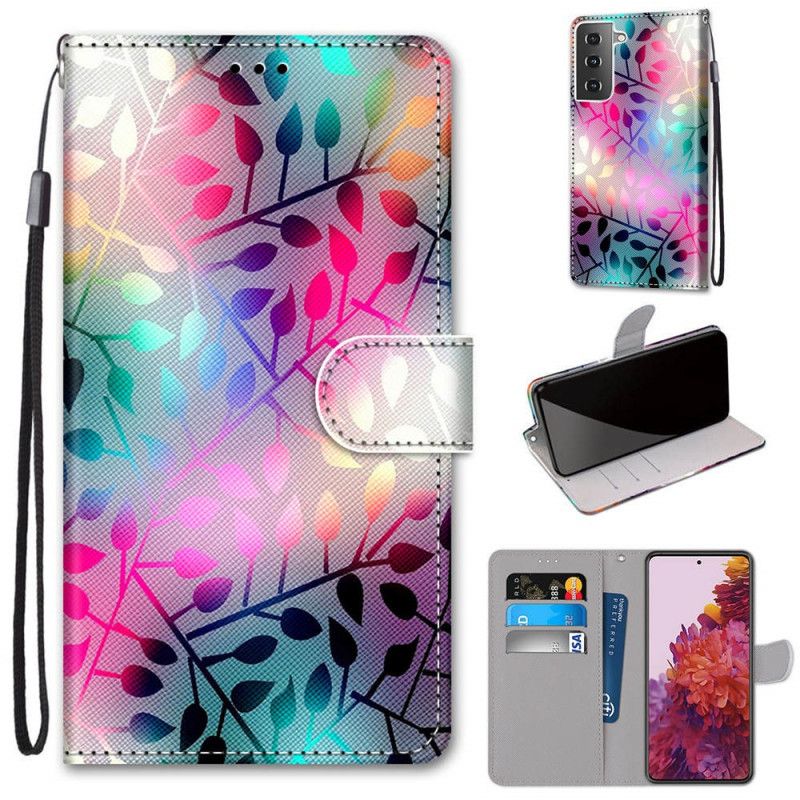 Leren Hoesje Samsung Galaxy S21 5G Telefoonhoesje Neon Bladeren