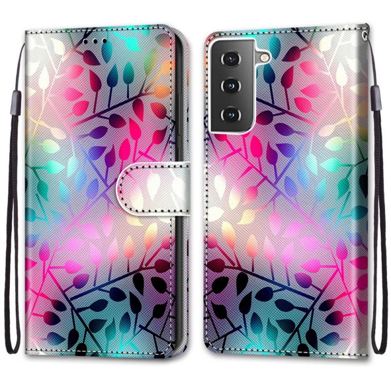 Leren Hoesje Samsung Galaxy S21 5G Telefoonhoesje Neon Bladeren