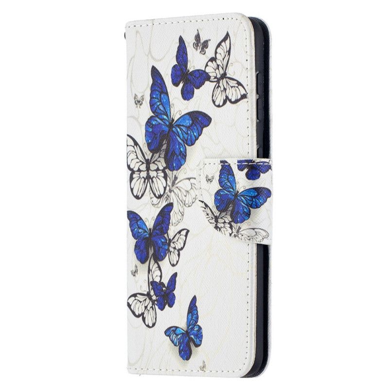 Leren Hoesje voor Samsung Galaxy S21 5G Donkerblauw Magenta Prachtige Vlinders