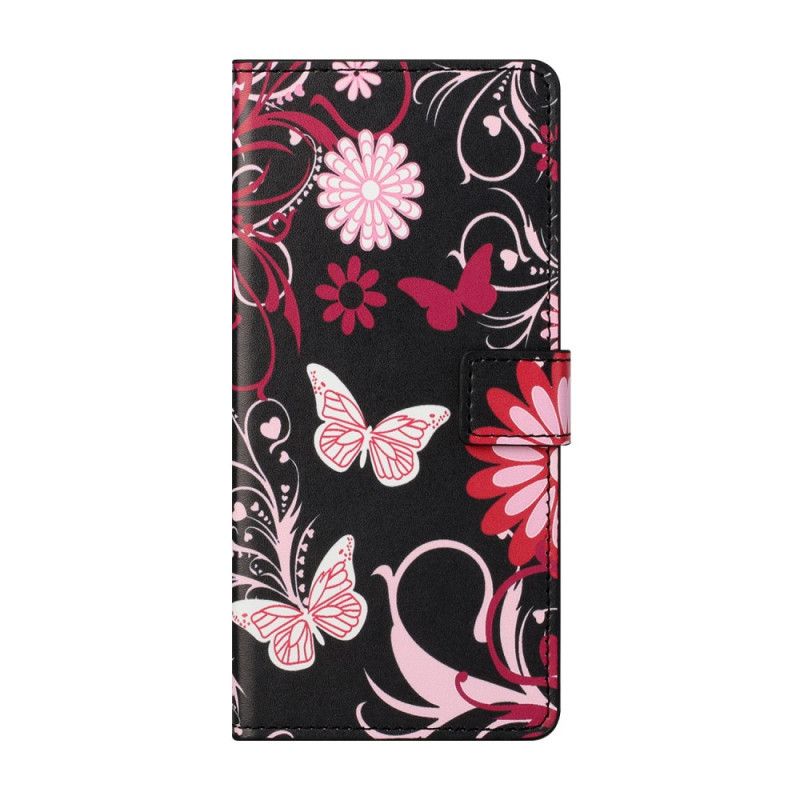 Leren Hoesje voor Samsung Galaxy S21 5G Wit Zwart Vlinders En Bloemen