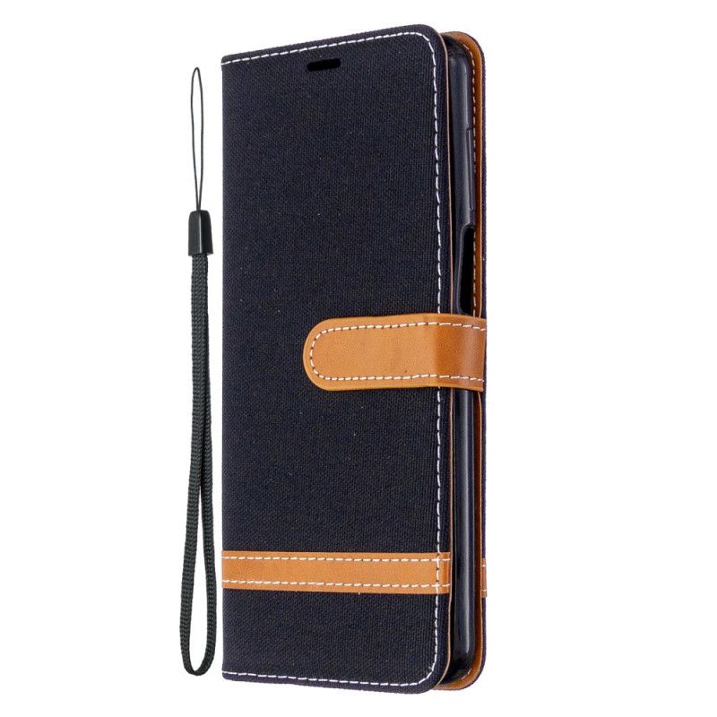 Flip Case Leren Xiaomi Redmi Note 9S / Note 9 Pro Grijs Zwart Stof En Leereffect Met String