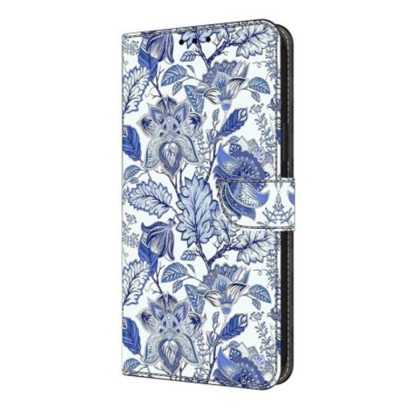 Leren Hoesje Xiaomi Redmi Note 14 Pro 4g Blauw Bloemenpatroon Bescherming Hoesje
