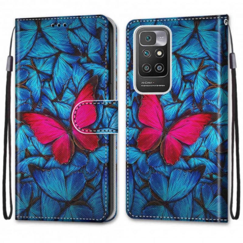 Folio-hoesje Xiaomi Redmi 10 Telefoonhoesje Rode Vlinder Op Blauwe Achtergrond