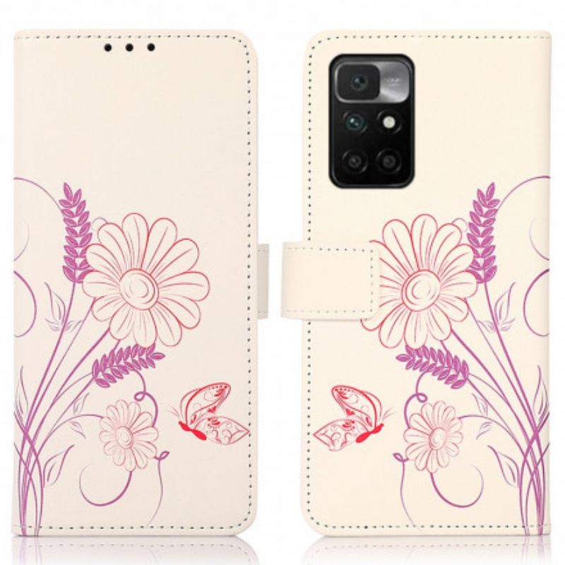 Leren Hoesje Voor Xiaomi Redmi 10 Vlinders En Bloemen Tekenen