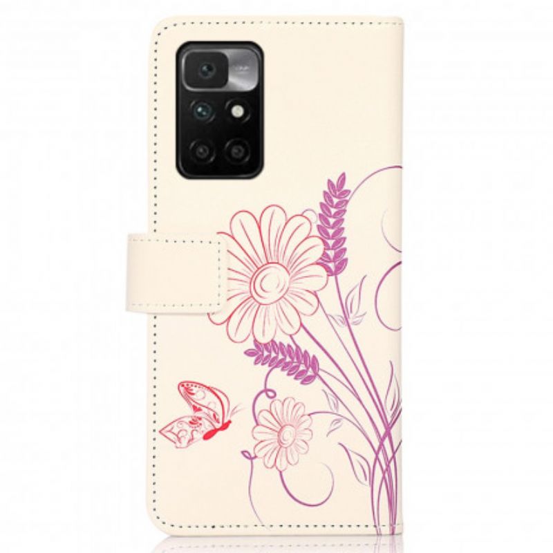 Leren Hoesje Voor Xiaomi Redmi 10 Vlinders En Bloemen Tekenen
