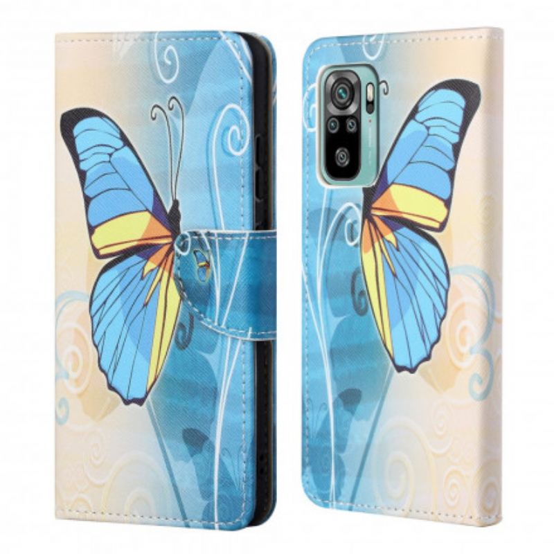 Leren Hoesje Xiaomi Redmi 10 Blauwe En Gele Vlinder